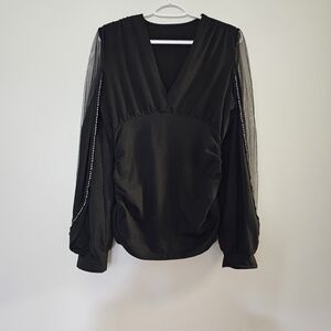 Elegant Black V-Neck Long Sleeve Top Rhinestone Mesh Date Night Whimsigoth
